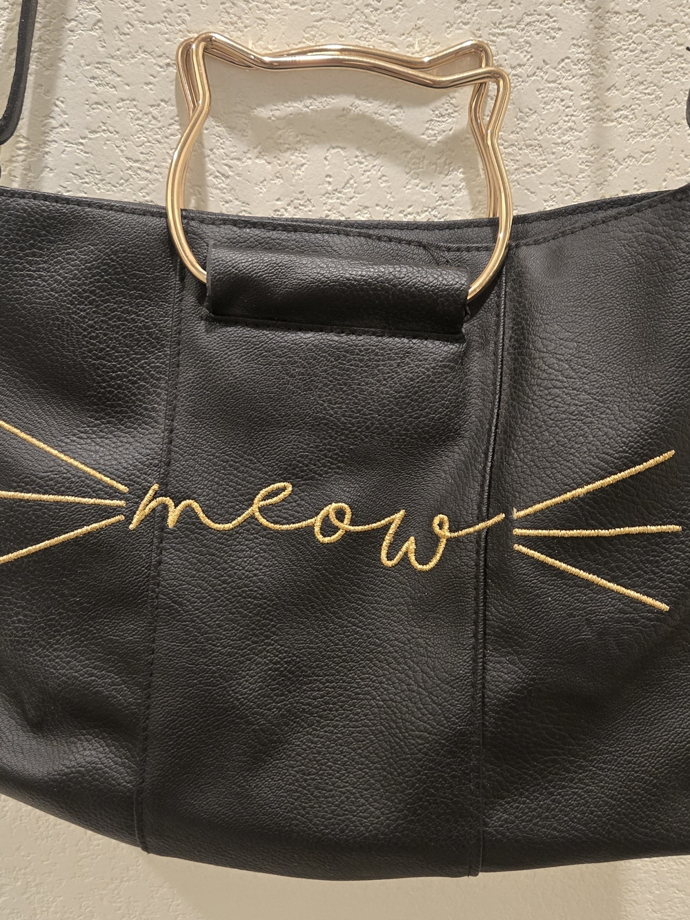 Black 'Meow' Cat Tote with Gold Cat-Head Handles